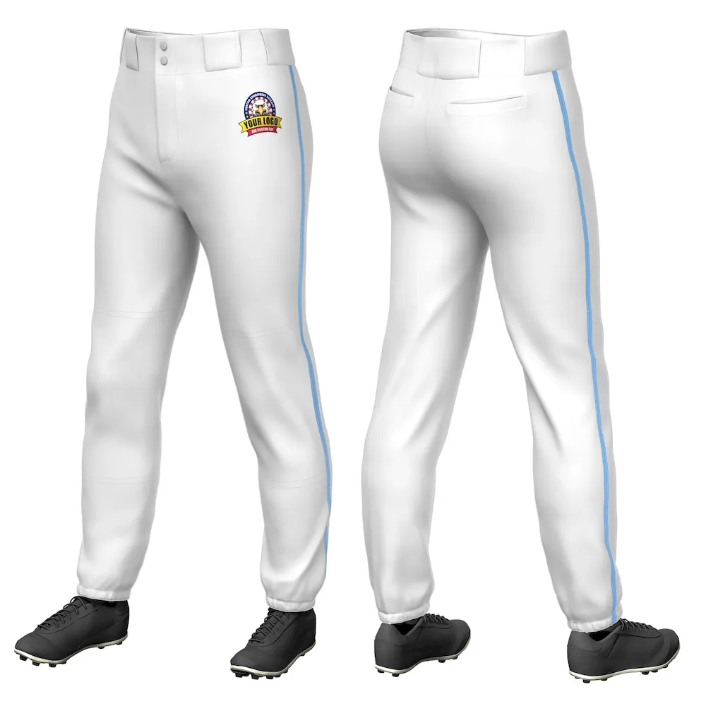Custom White Powder Blue Classic Fit Stretch Practice Pull Up Baseball Pants