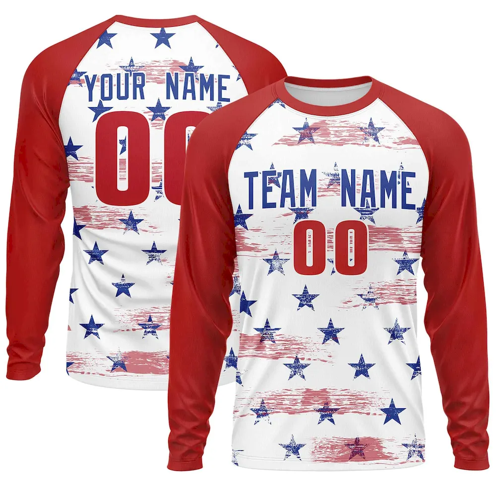 Custom White Red-Royal Personalized American Flag Design Long Sleeve Performance T-shirt