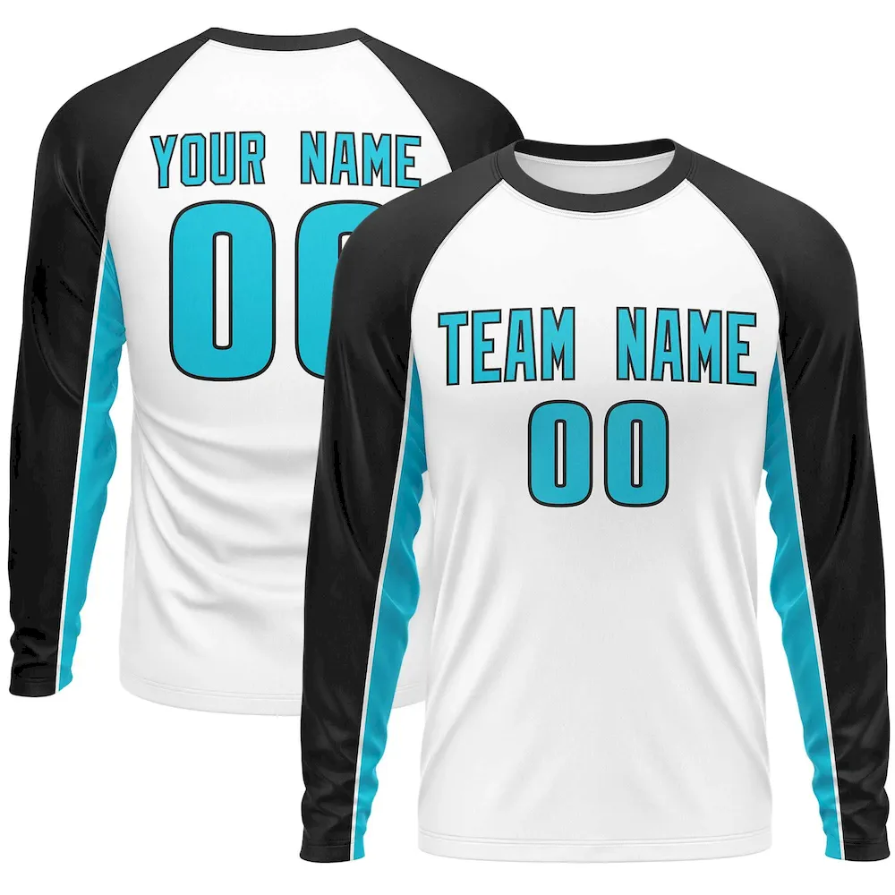 Custom Sky Blue Black Crew Neck Raglan Long Sleeve Performance T-Shirt