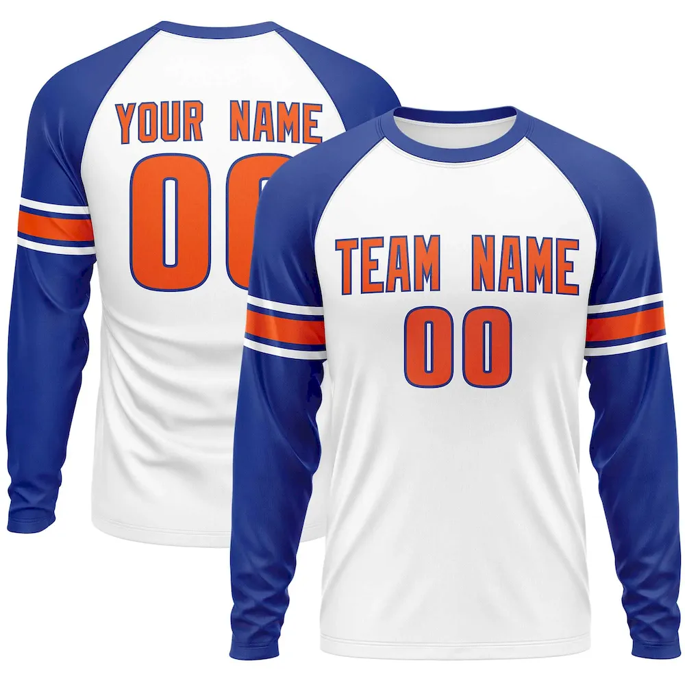Custom White Royal Orange Crew Neck Personalized Raglan Long Sleeve Performance T-shirt