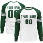 Custom Gray Green White Crew Neck Personalized Raglan Long Sleeve Performance T-shirt