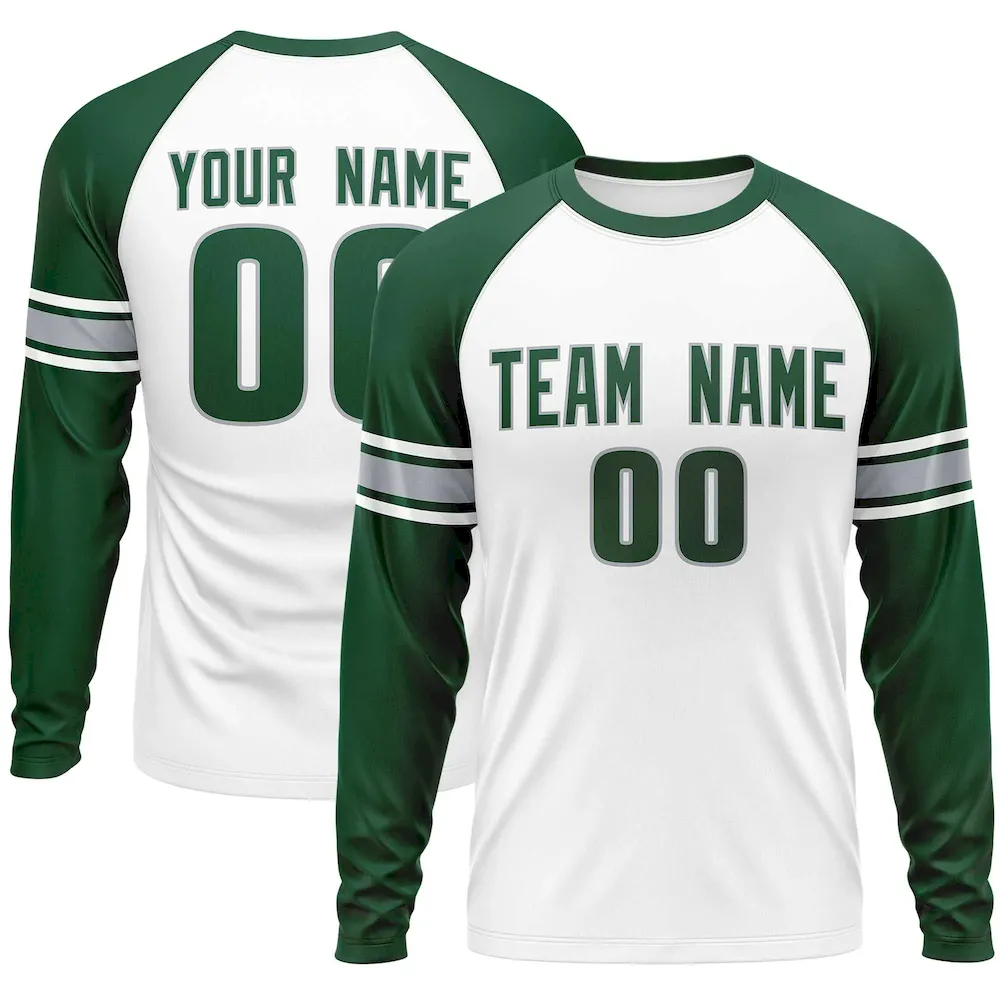 Custom Gray Green White Crew Neck Personalized Raglan Long Sleeve Performance T-shirt