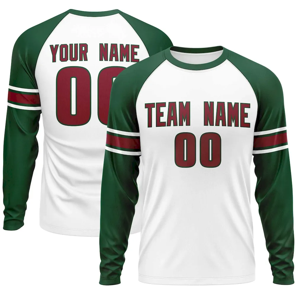 Custom Crimson Green White Crew Neck Personalized Raglan Long Sleeve Performance T-shirt