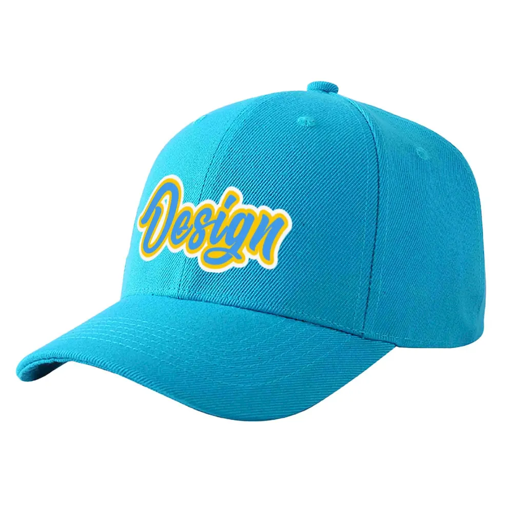 Custom Aqua Powder Blue-Gold Curved Eaves Sport Design Baseball Cap