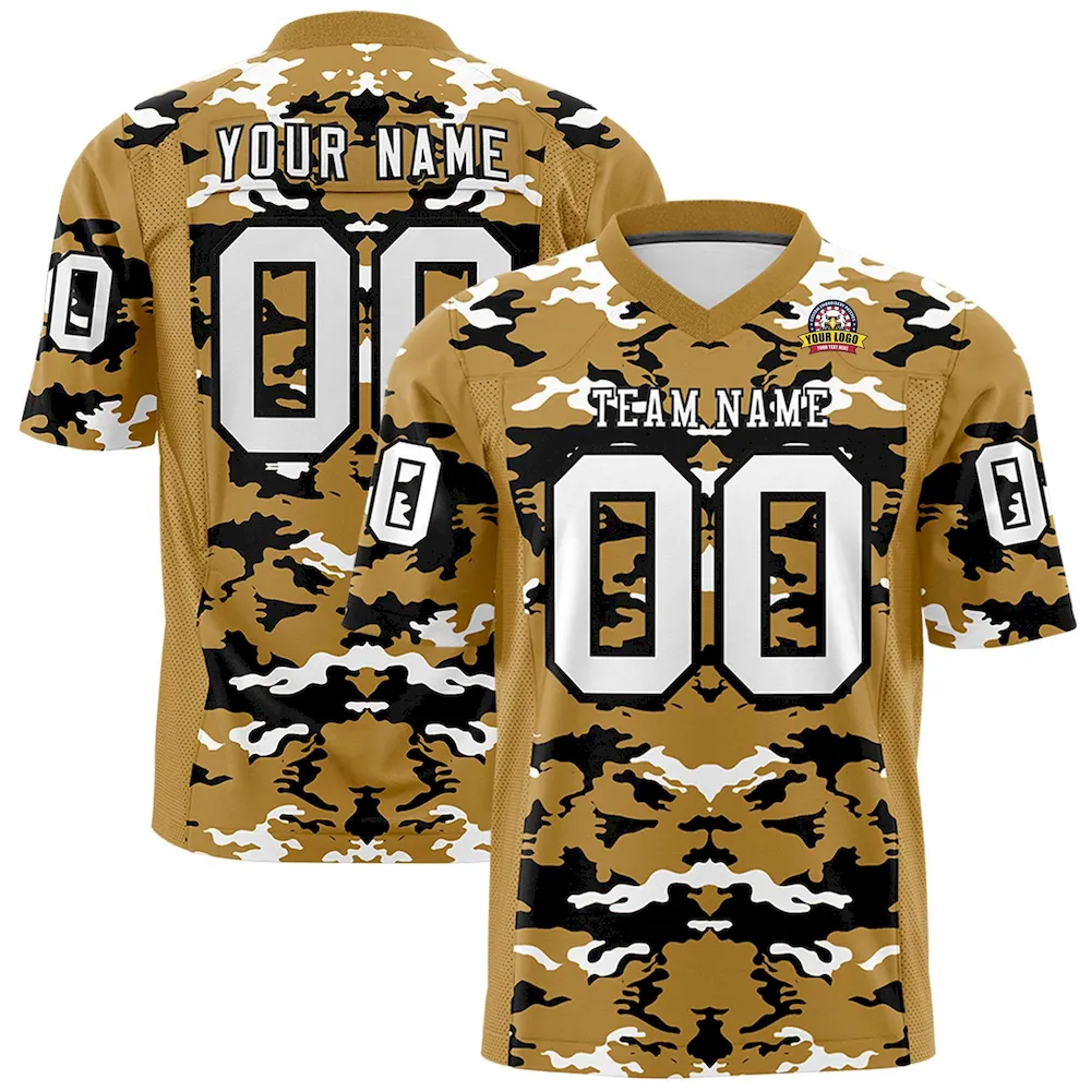 Custom Old Gold Black-White Personalized Camo Authentic Football Jersey