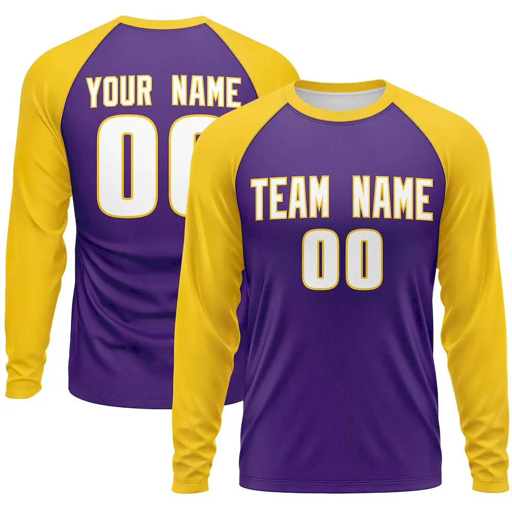 Custom Purple Gold Crew Neck Raglan Long Sleeve Performance T-Shirt