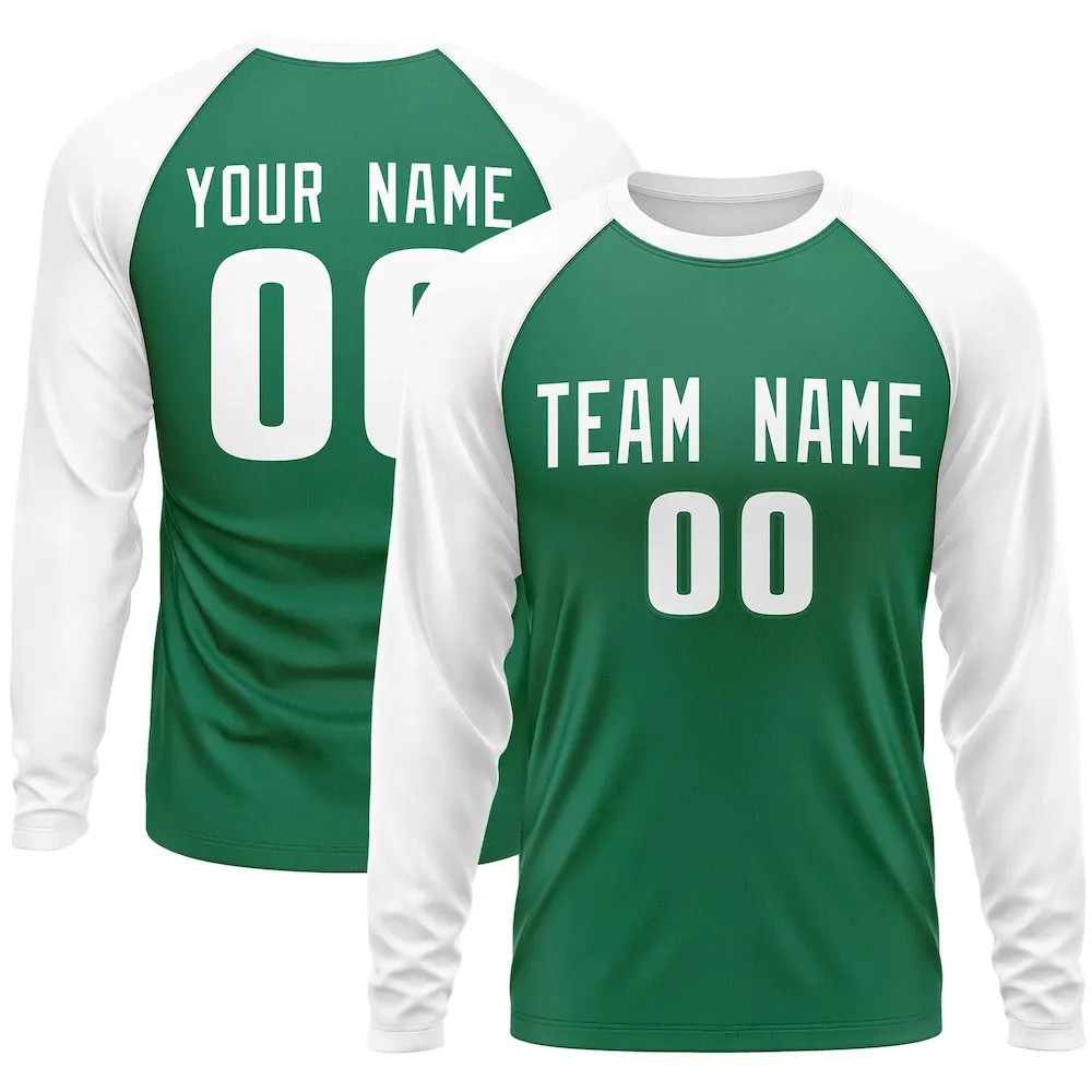 Custom Kelly Green White Crew Neck Raglan Long Sleeve Performance T-Shirt