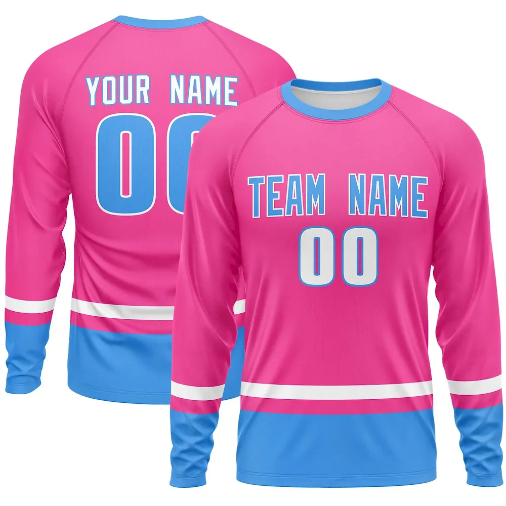 Custom Pink White-Powder Blue Color Block Design Long Sleeve Performance T-Shirt