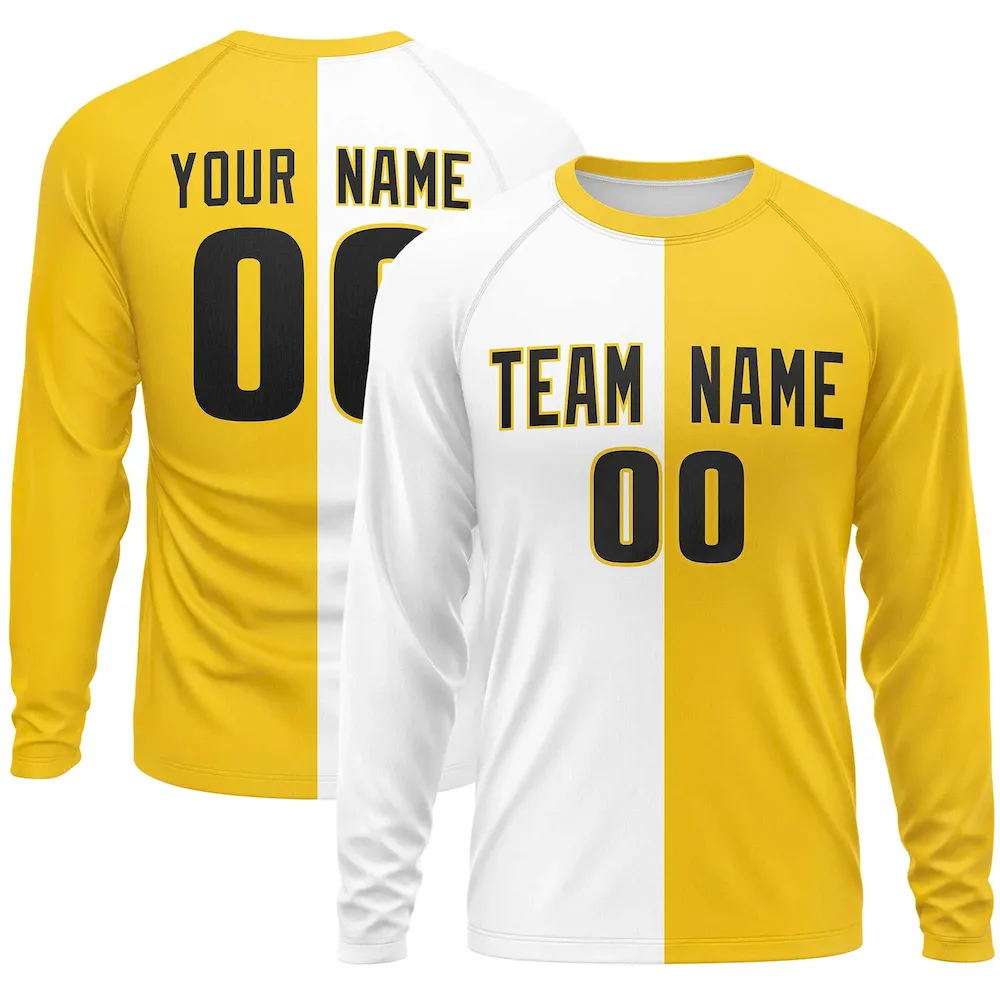 Custom White Gold Crew Neck Split Design Long Sleeve Performance T-Shirt