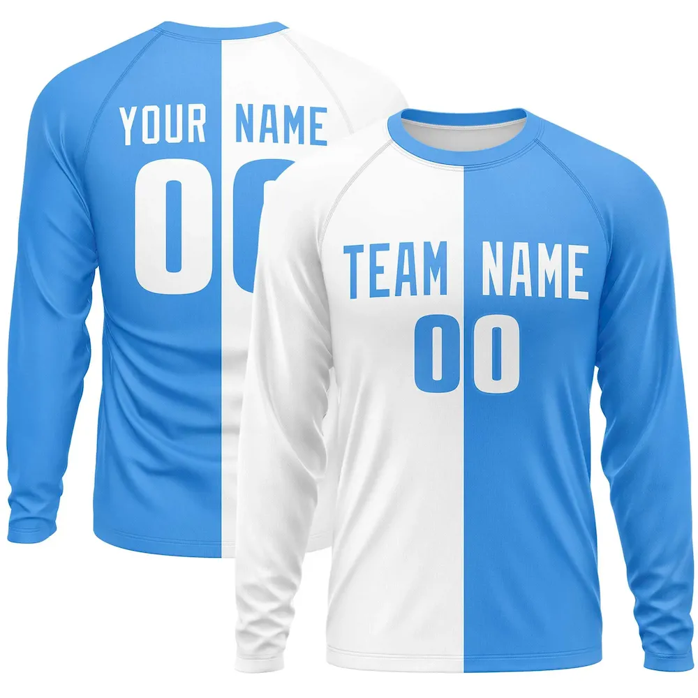 Custom White Powder Blue Crew Neck Split Design Long Sleeve Performance T-Shirt