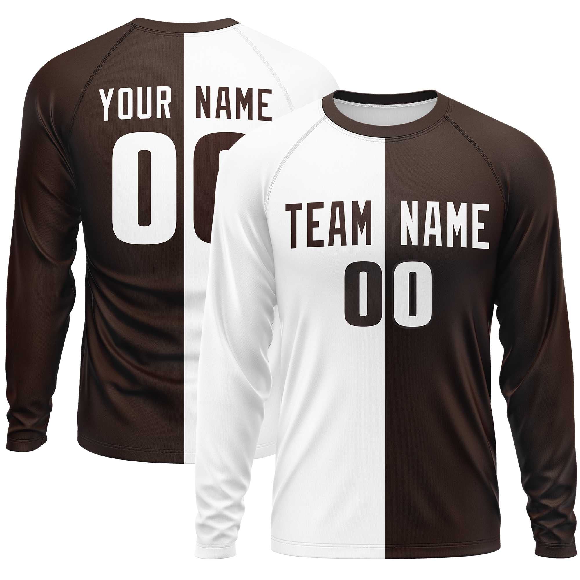 Custom White Brown Crew Neck Split Design Long Sleeve Performance T-Shirt