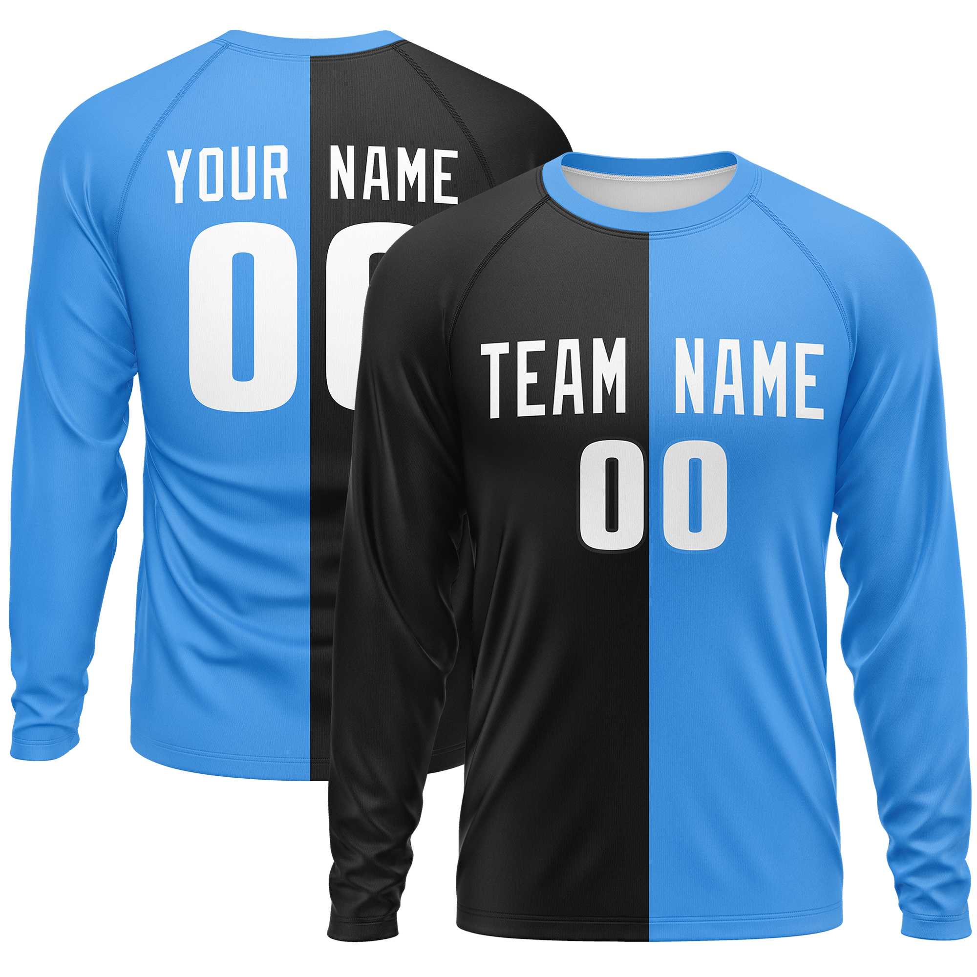Custom Black Powder Blue Crew Neck Split Design Long Sleeve Performance T-Shirt