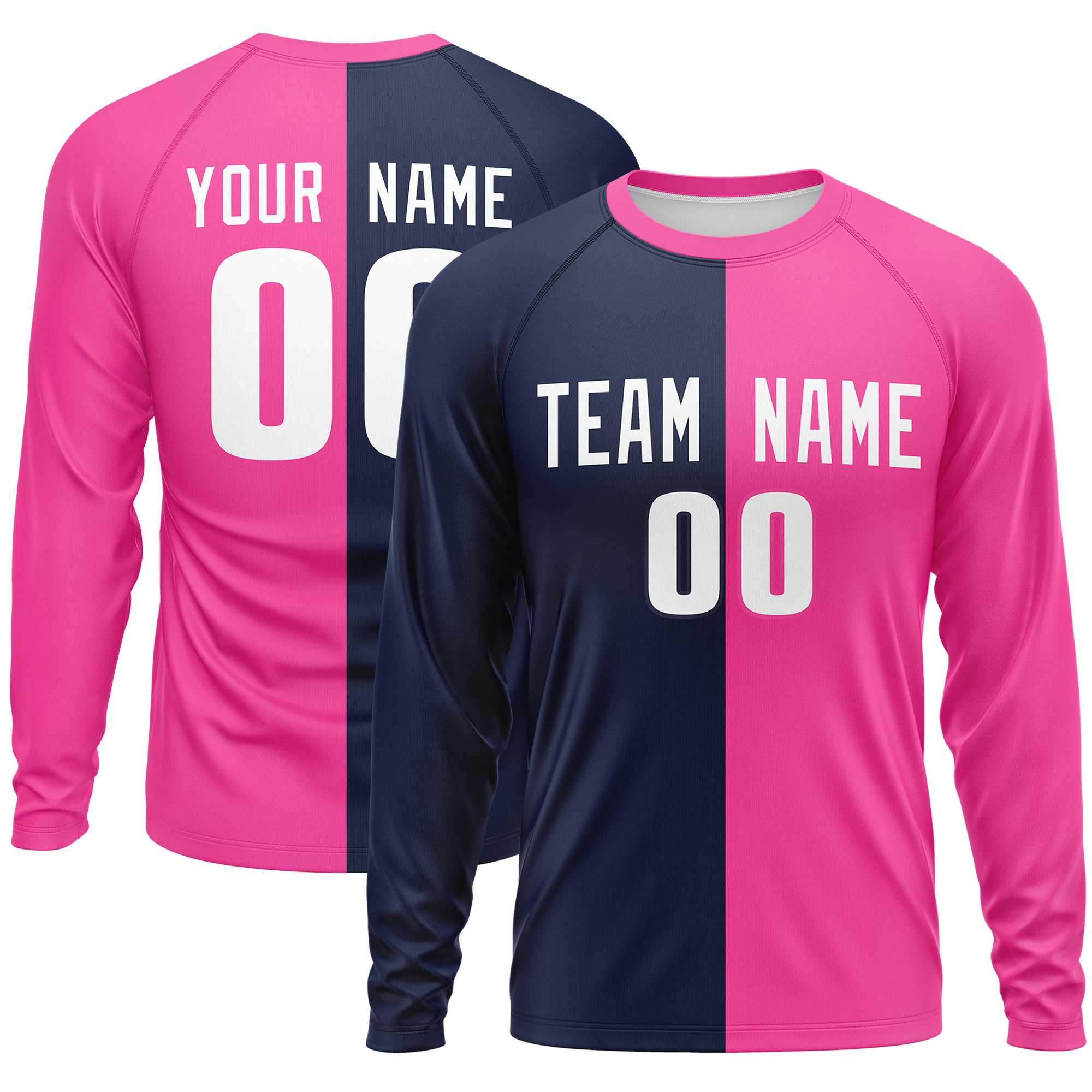 Custom Navy Pink Crew Neck Split Design Long Sleeve Performance T-Shirt
