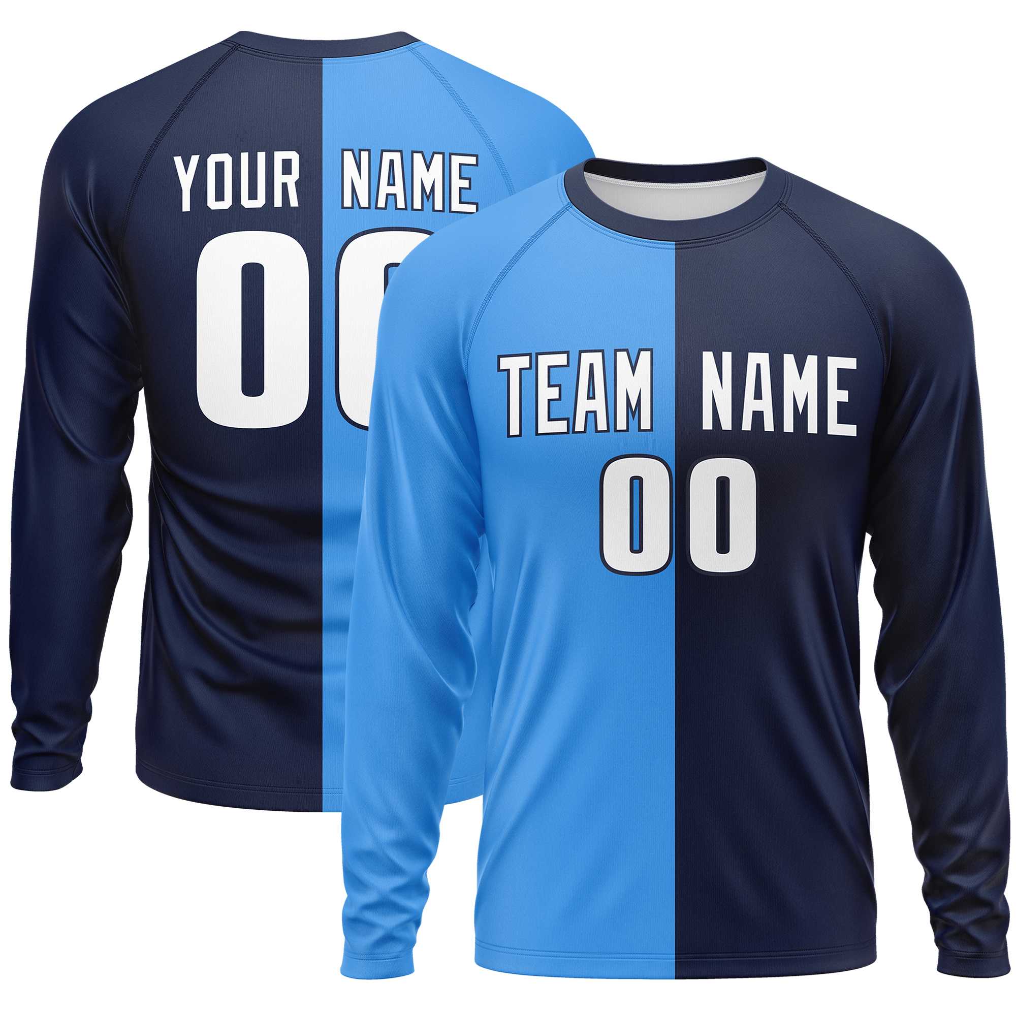 Custom Powder Blue Black Crew Neck Split Design Long Sleeve Performance T-Shirt