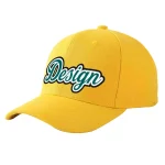 Custom Gold Navy-Light Blue Curved Eaves Sport Design Baseball Cap
