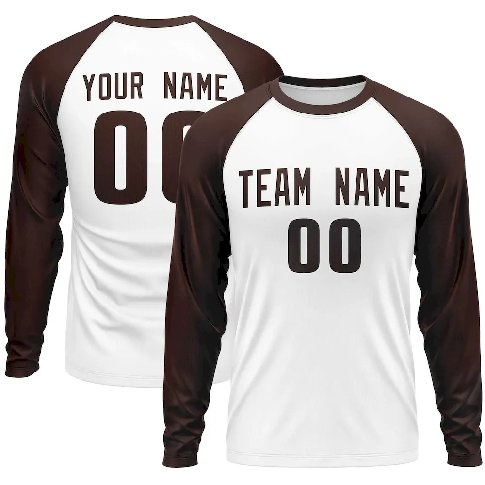 Custom White Brown Crew Neck Raglan Long Sleeve Performance T-Shirt