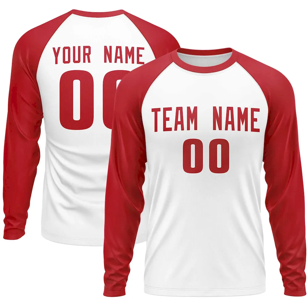 Custom White Red Crew Neck Raglan Long Sleeve Performance T-Shirt