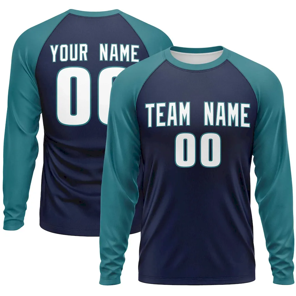 Custom Navy Aqua Crew Neck Raglan Long Sleeve Performance T-Shirt