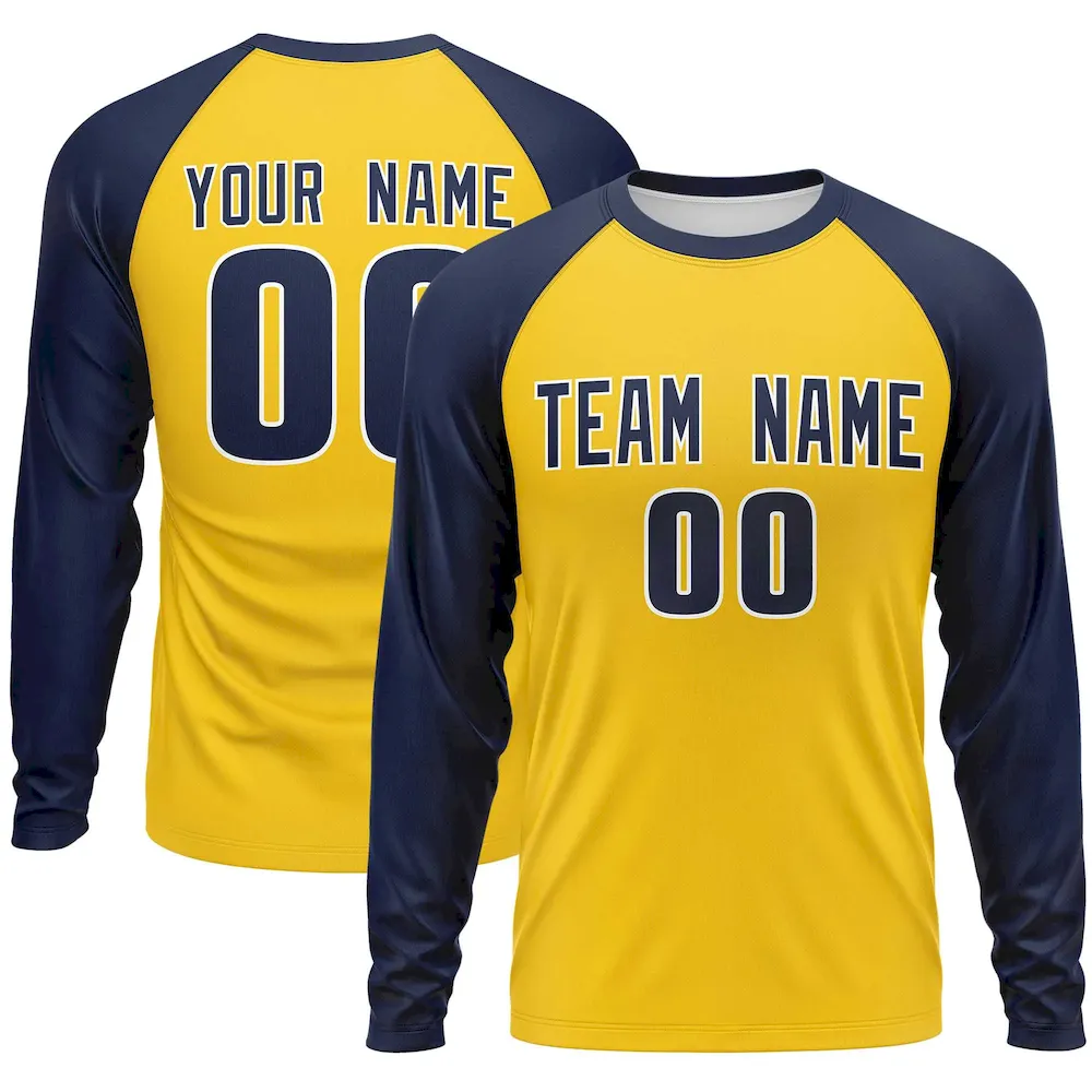 Custom Gold Navy Crew Neck Raglan Long Sleeve Performance T-Shirt