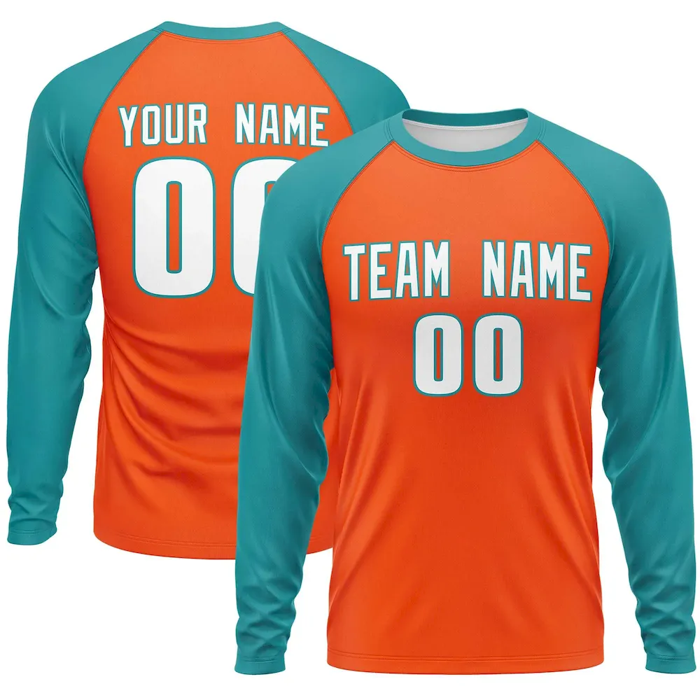 Custom Orange Aqua Crew Neck Raglan Long Sleeve Performance T-Shirt