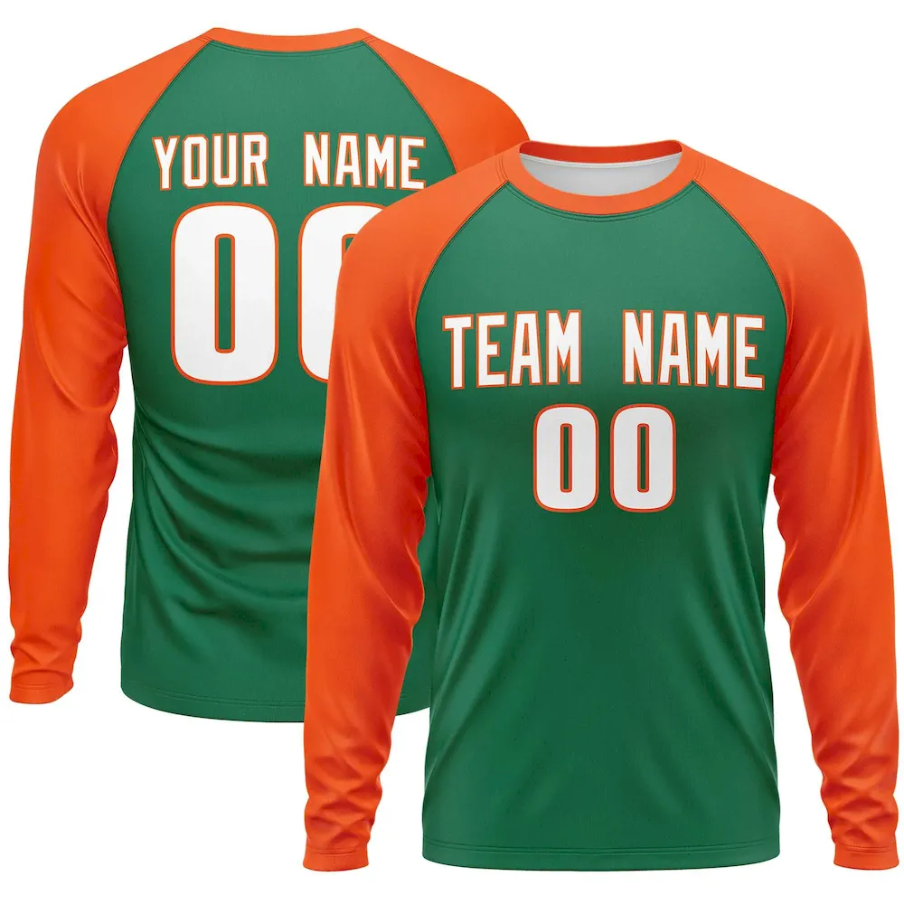Custom Kelly Green Orange Crew Neck Raglan Long Sleeve Performance T-Shirt