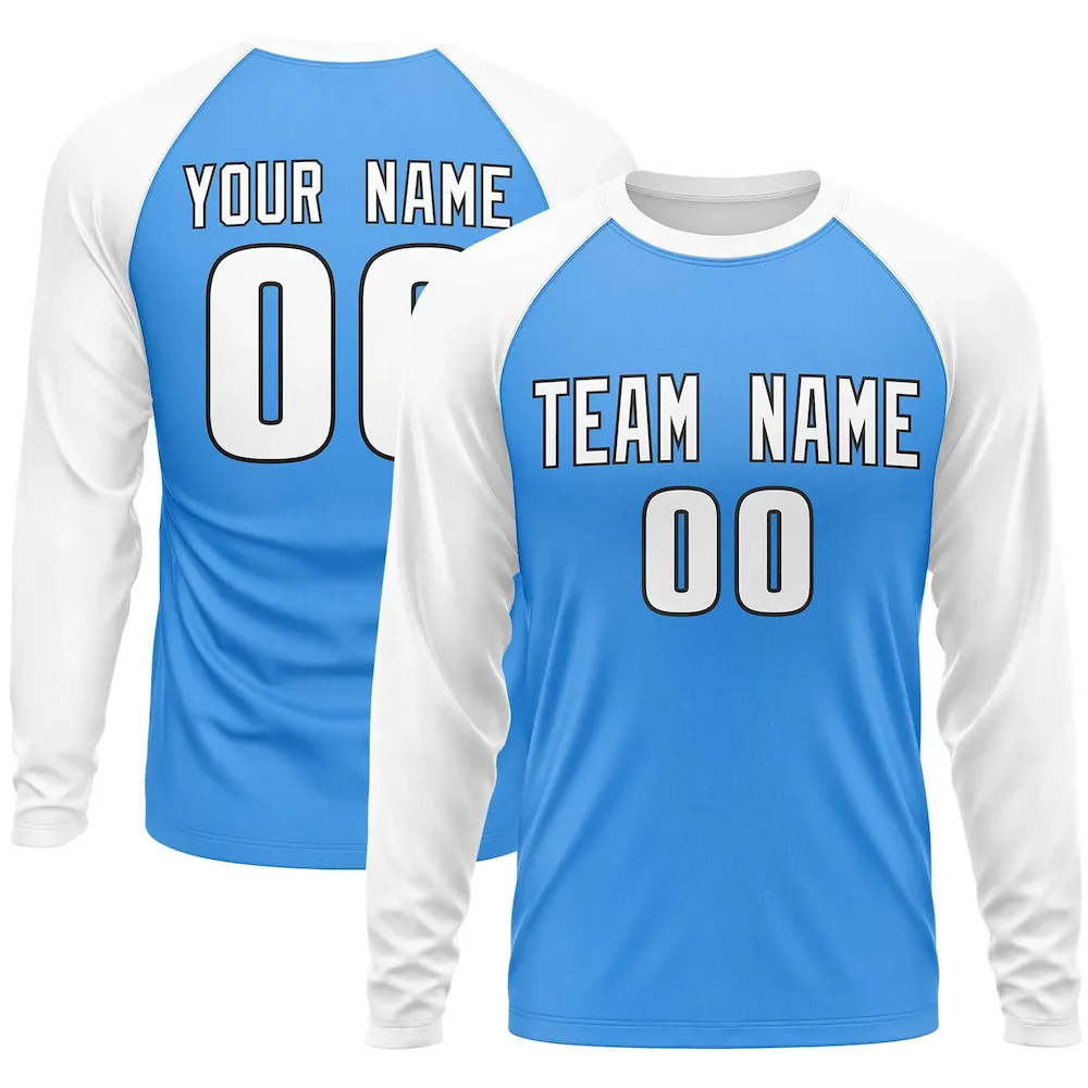 Custom Powder Blue White Crew Neck Raglan Long Sleeve Performance T-Shirt