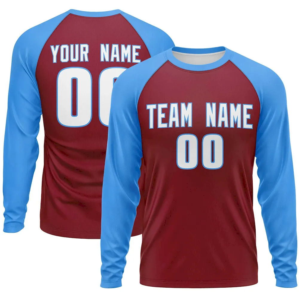 Custom Crimson Powder Blue Crew Neck Raglan Long Sleeve Performance T-Shirt
