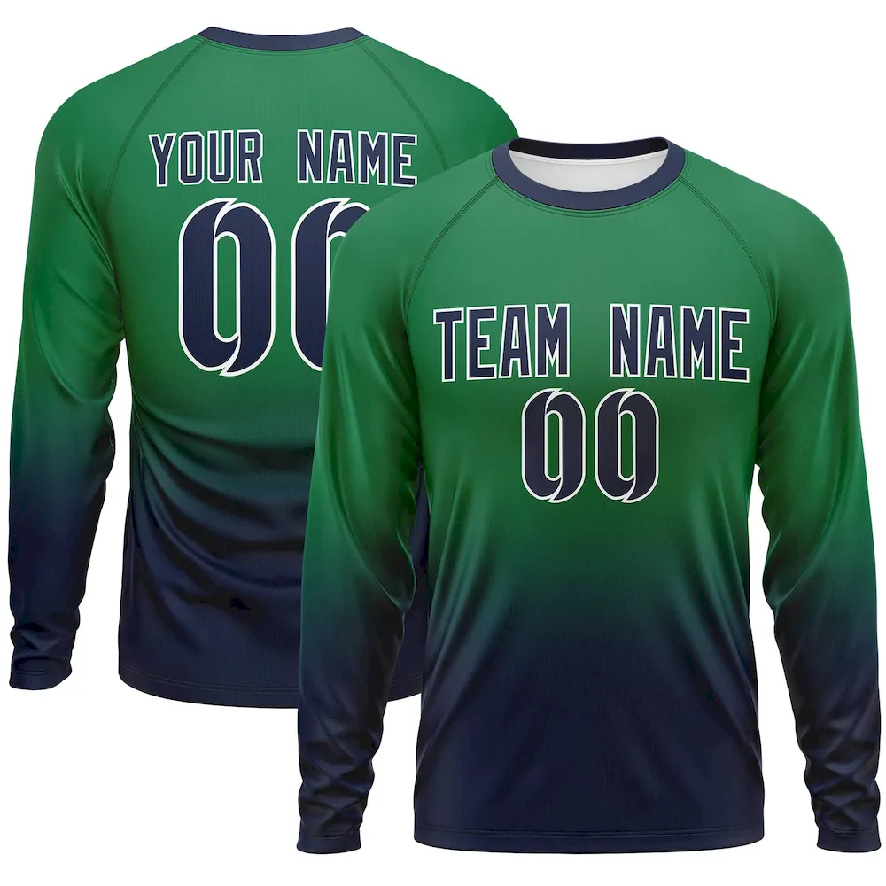 Custom Kelly Green-Navy Gradient Fashion Design Long Sleeve Performance T-Shirt