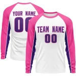 Custom White Pink Crew Neck Raglan Long Sleeve Performance T-Shirt