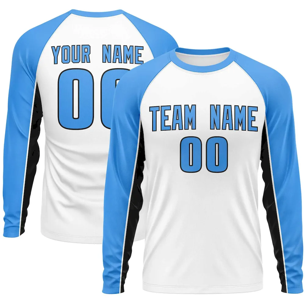 Custom Black Powder Blue Crew Neck Raglan Long Sleeve Performance T-Shirt