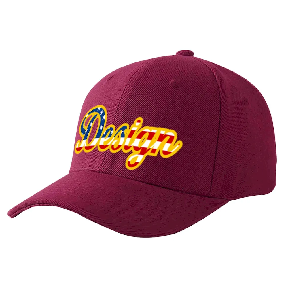 Custom Red Wine Vintage USA Flag-Gold Curved Eaves Sport Design Baseball Cap