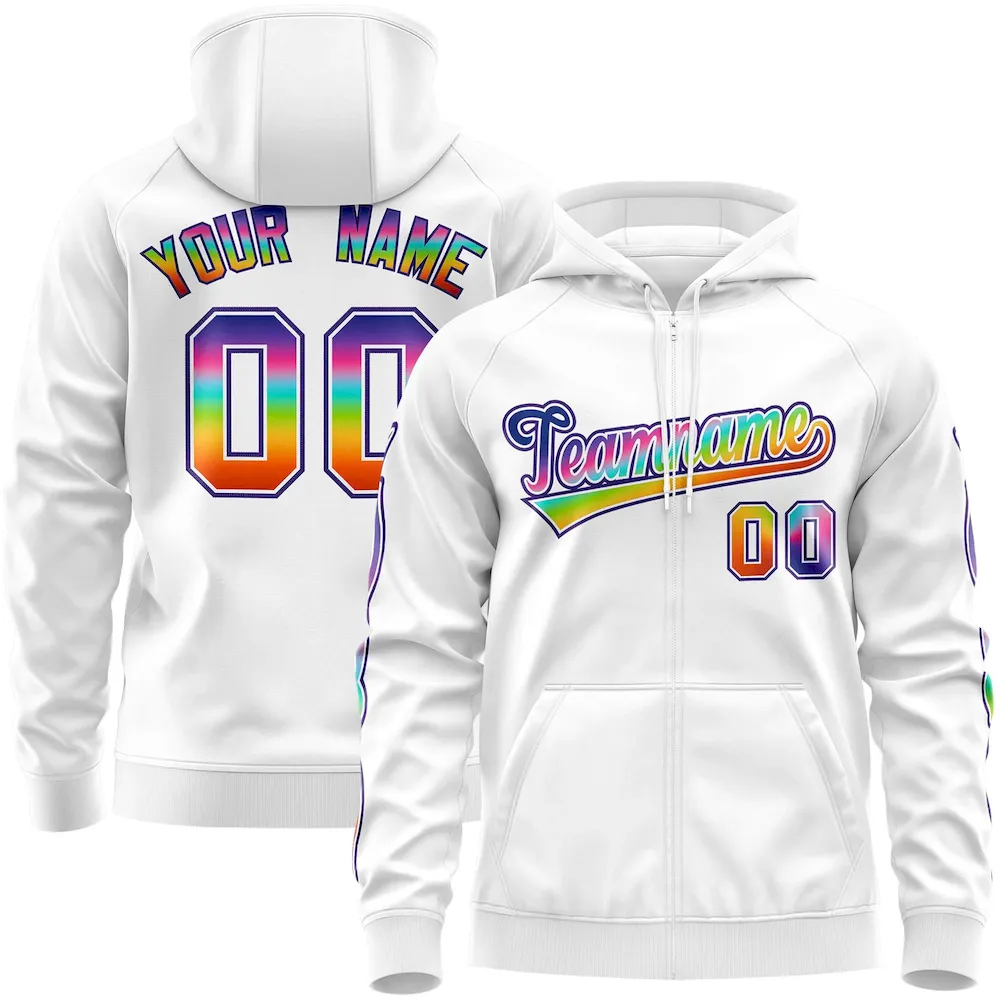 Custom Stitched White Purple Sports Full-Zip Sweatshirt Hoodie with Colored Flames