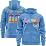 Custom Stitched Light Blue White Sports Full-Zip Sweatshirt Hoodie with Colored Flames