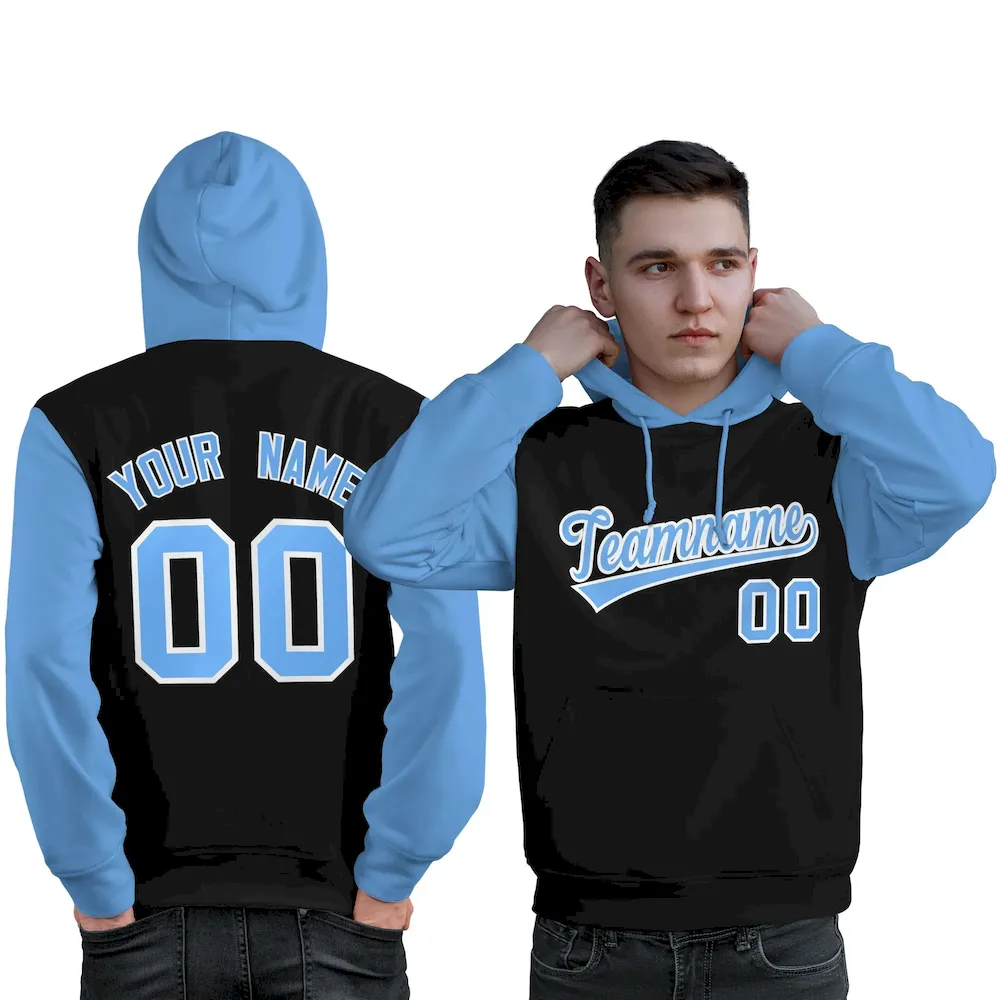Custom Black Light Blue-White Raglan Sleeves Pullover Personalized Sweatshirt Hoodie