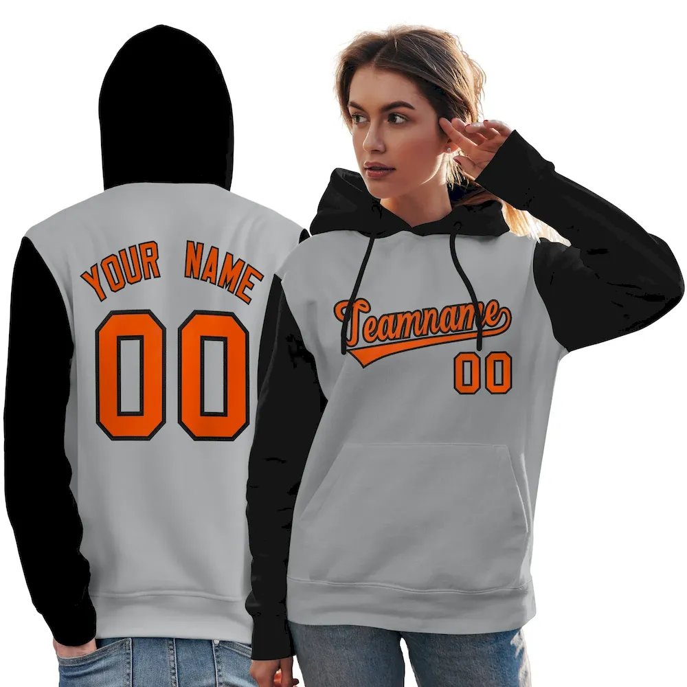 Custom Gray Orange-Black Raglan Sleeves Pullover Personalized Team Sweatshirt Hoodie