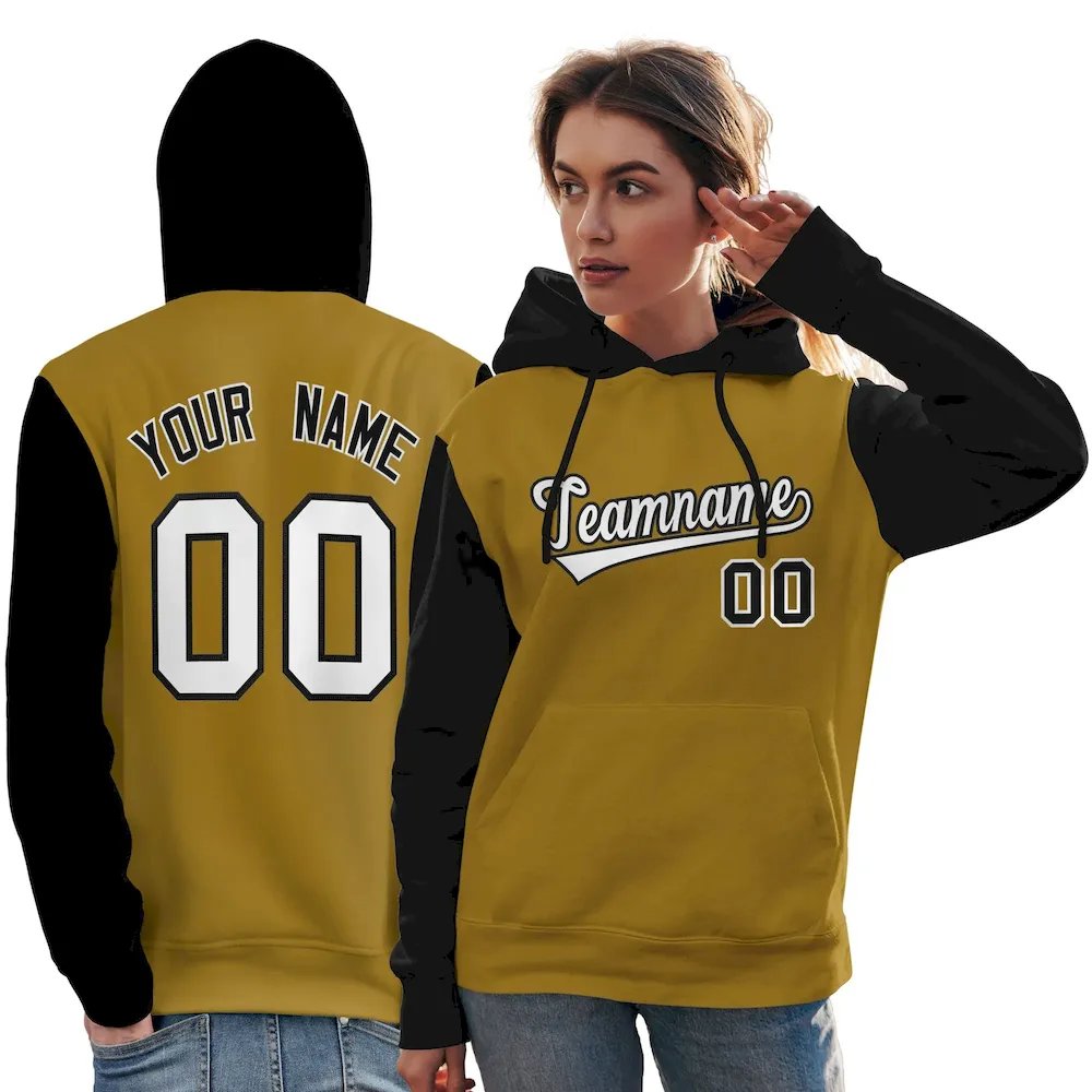Custom Old Gold White-Black Raglan Sleeves Pullover Personalized Team Sweatshirt Hoodie