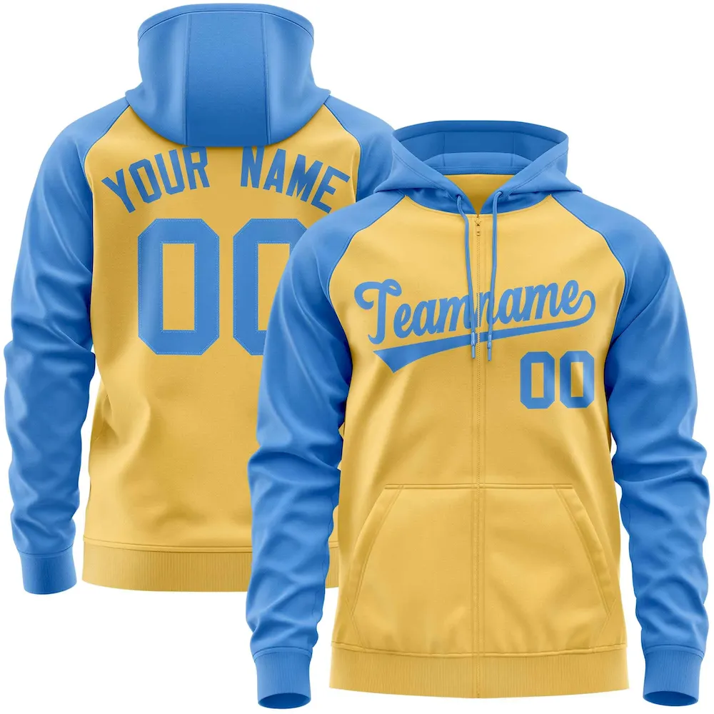 Custom Stitched Yellow Cream-Light Brown Raglan Sleeves Sports Full-Zip Sweatshirt Hoodie