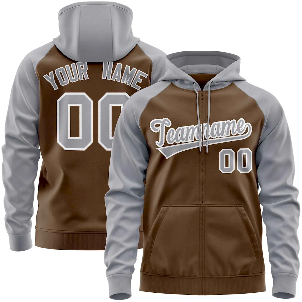 Custom Stitched Brown Light Brown Raglan Sleeves Sports Full-Zip Sweatshirt Hoodie