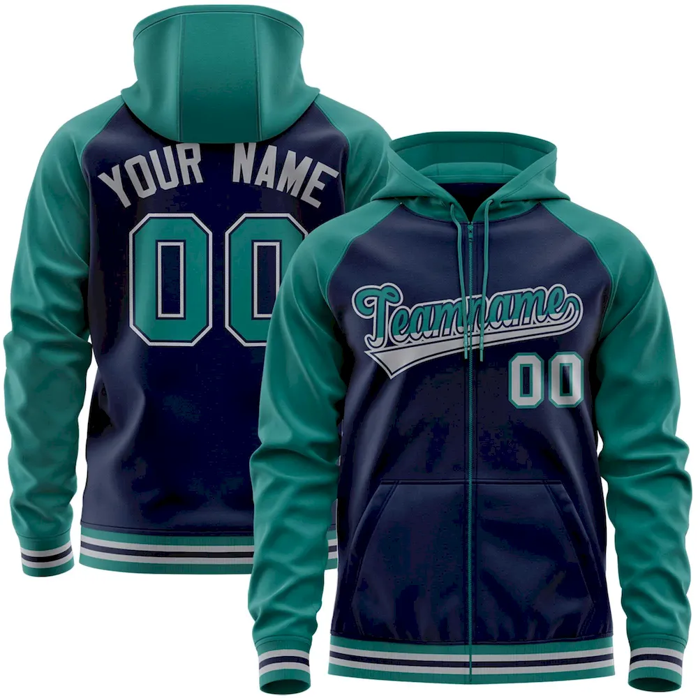 Custom Stitched Navy Aqua Raglan Sleeves Sports Full-Zip Sweatshirt Hoodie