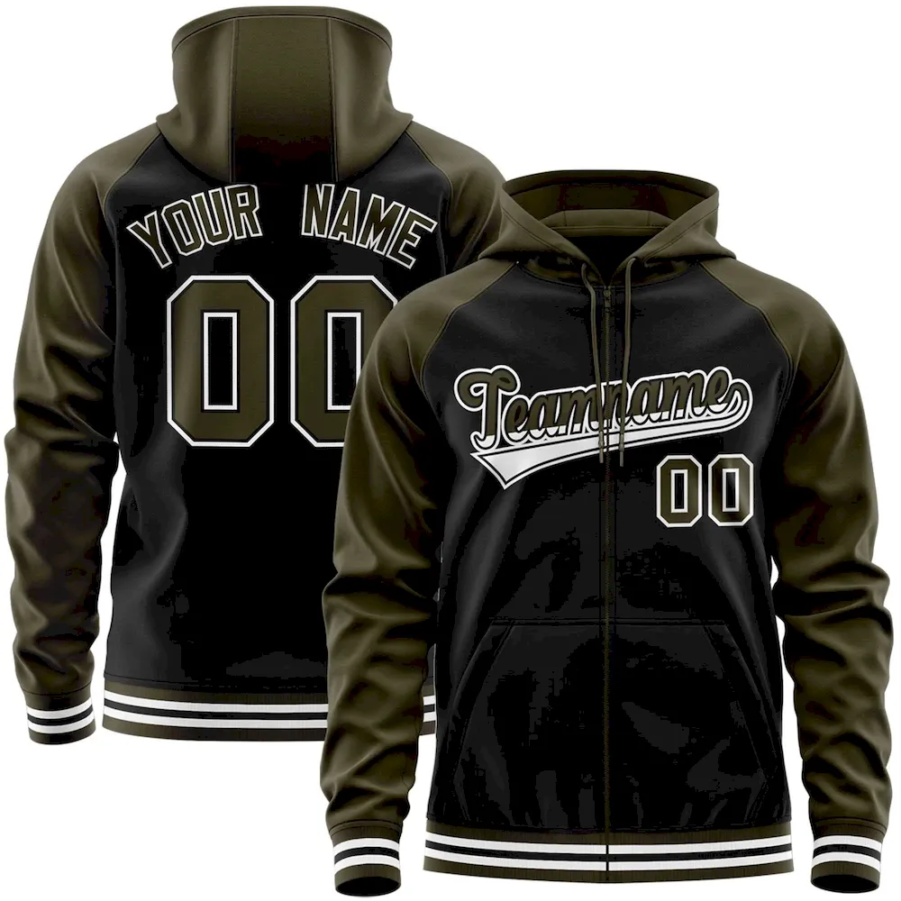 Custom Stitched Black Olive Raglan Sleeves Sports Full-Zip Sweatshirt Hoodie