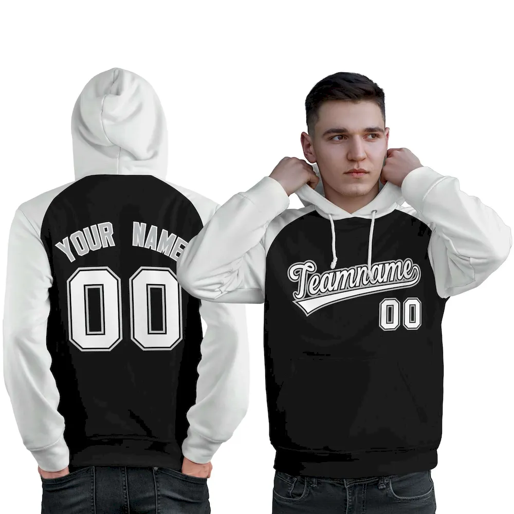 Custom Stitched Black White Raglan Sleeves Sports Pullover Sweatshirt Hoodie For Men
