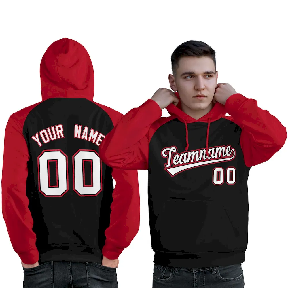 Custom Stitched Black Red-White Raglan Sleeves Sports Pullover Sweatshirt Hoodie For Men