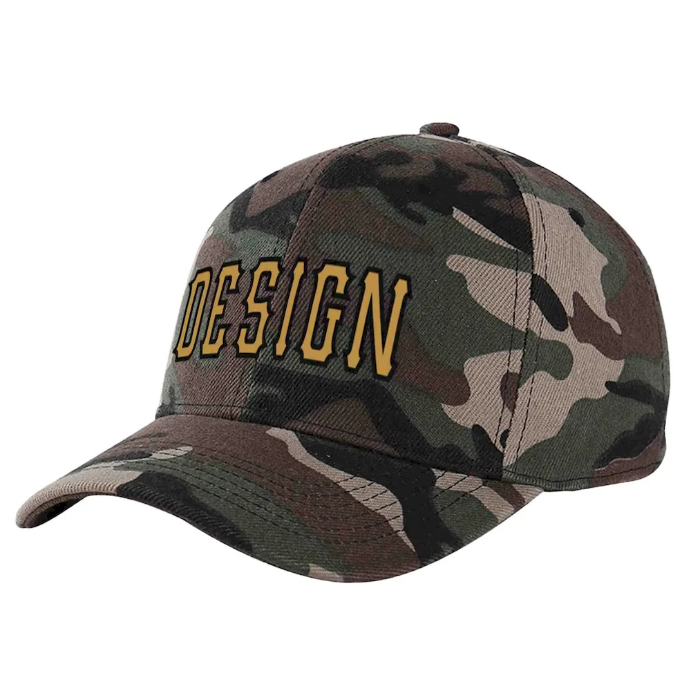 Custom Camo Gold-Kelly Green Curved Eaves Sport Design Baseball Cap