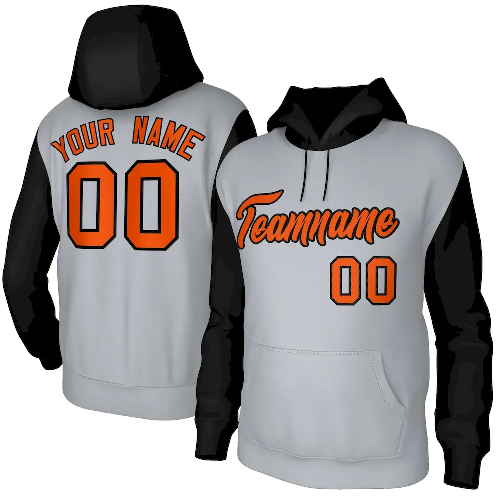 Custom Gray Orange-Black Raglan Sleeves Stitched Sportwear Pullover Hoodie
