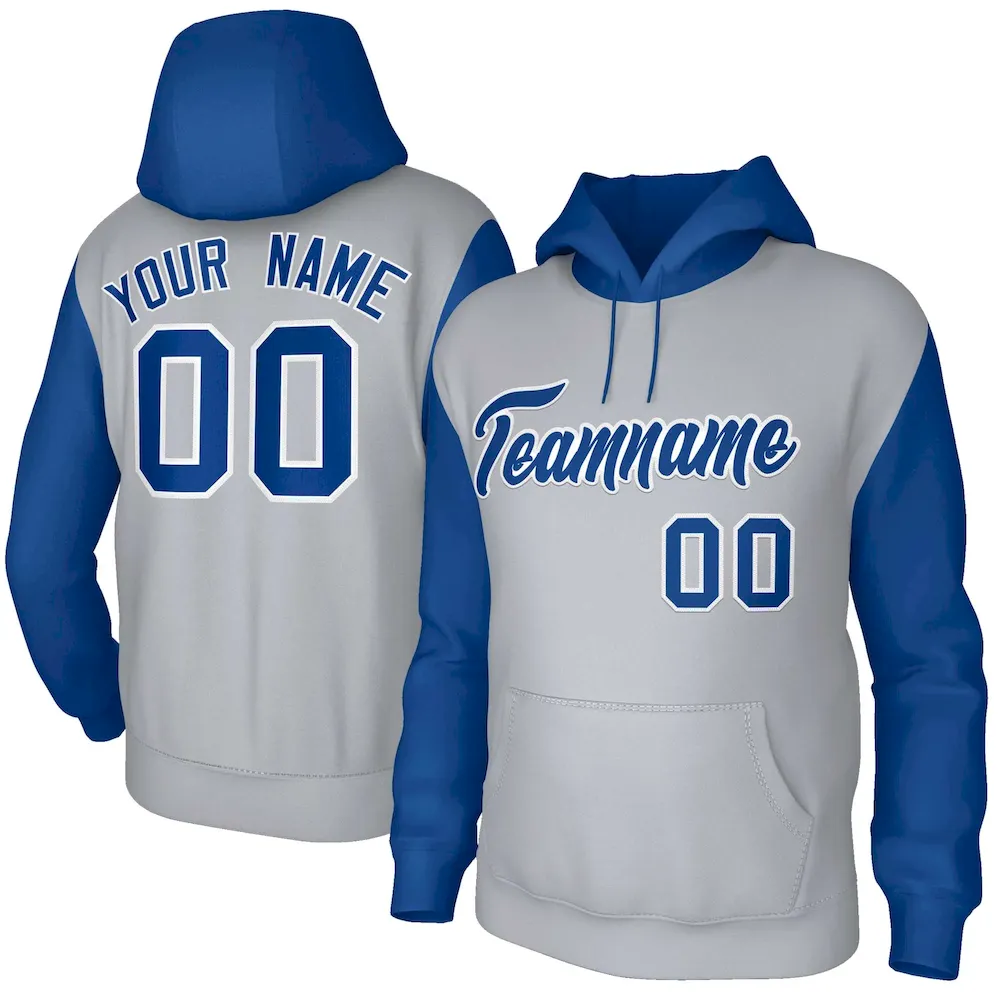 Custom Gray Royal-White Raglan Sleeves Stitched Sportwear Pullover Hoodie