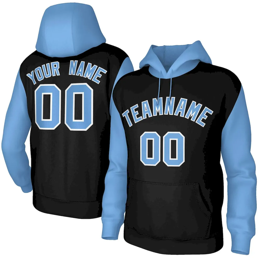Custom Black Light Blue-White Raglan Sleeves Stitched Sportwear Pullover Hoodie
