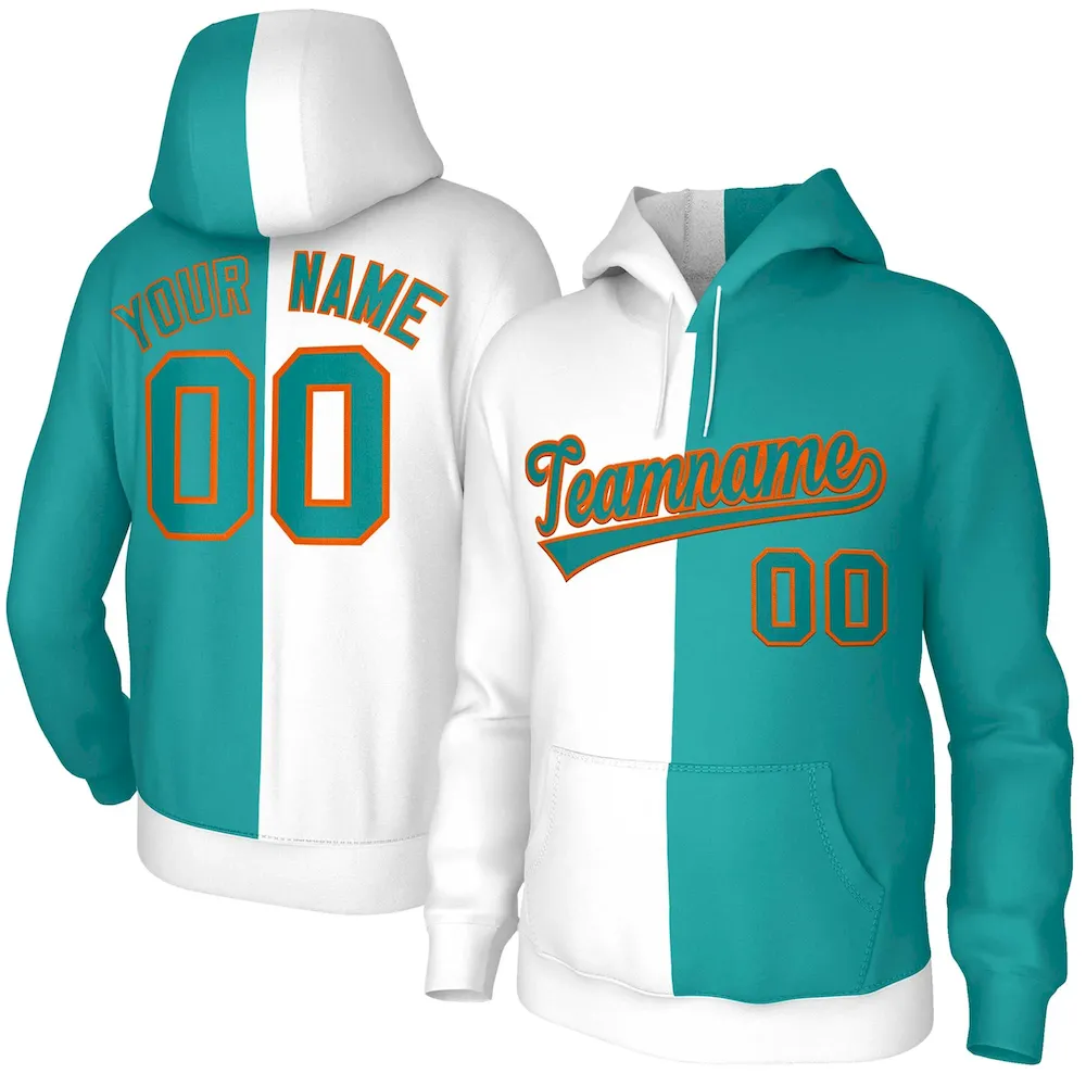 Custom White Aqua Aqua-Orange Split Fashion Stitched Sportwear Pullover Hoodie
