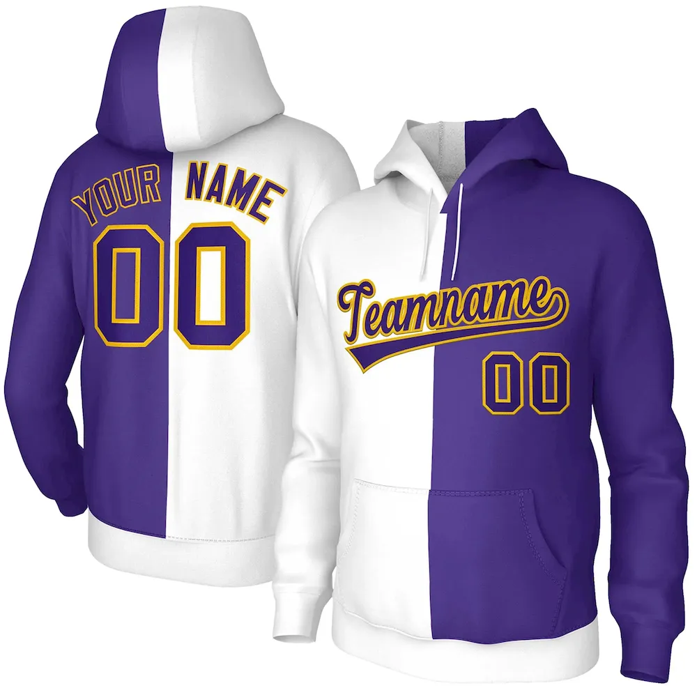 Custom White Purple Purple-Gold Split Fashion Stitched Sportwear Pullover Hoodie