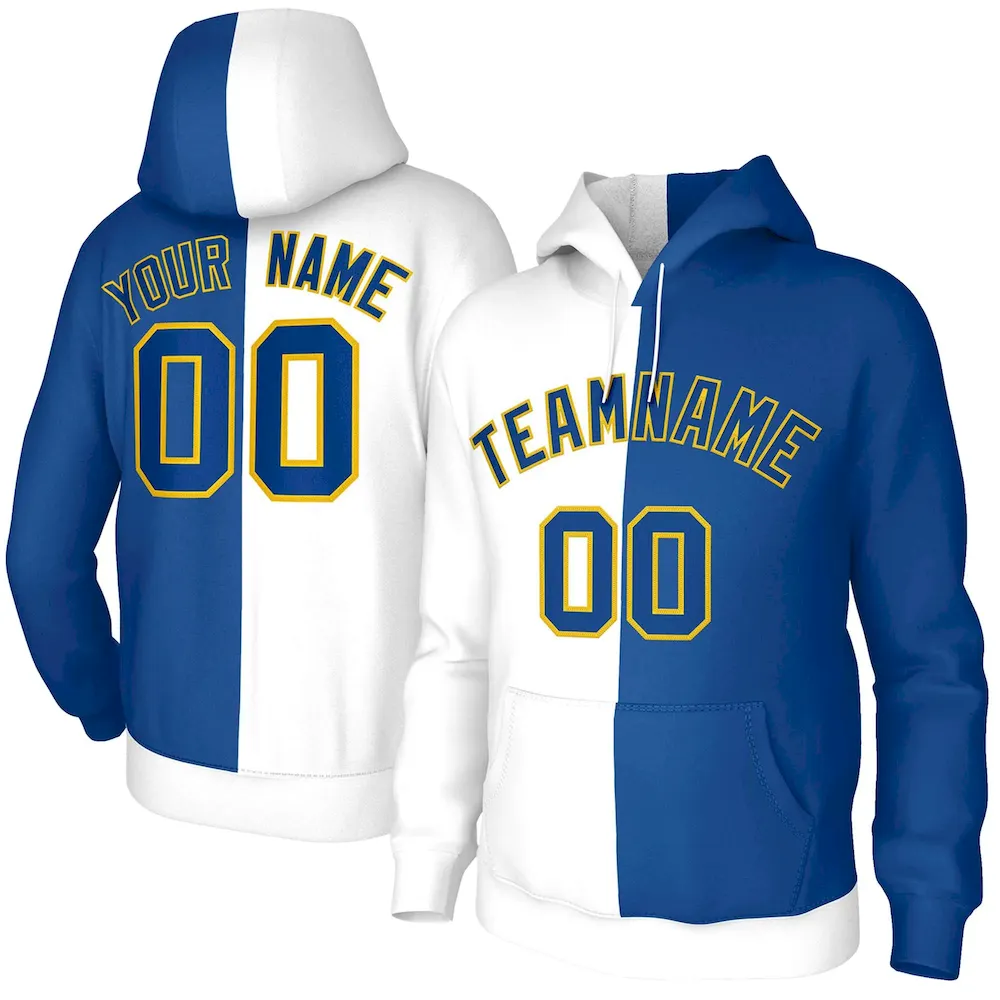 Custom Royal White White-Gold Split Fashion Stitched Sportwear Pullover Hoodie