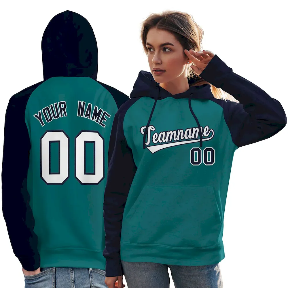 Custom Stitched Aqua Navy-White Raglan Sleeves Sports Pullover Sweatshirt Hoodie For Women